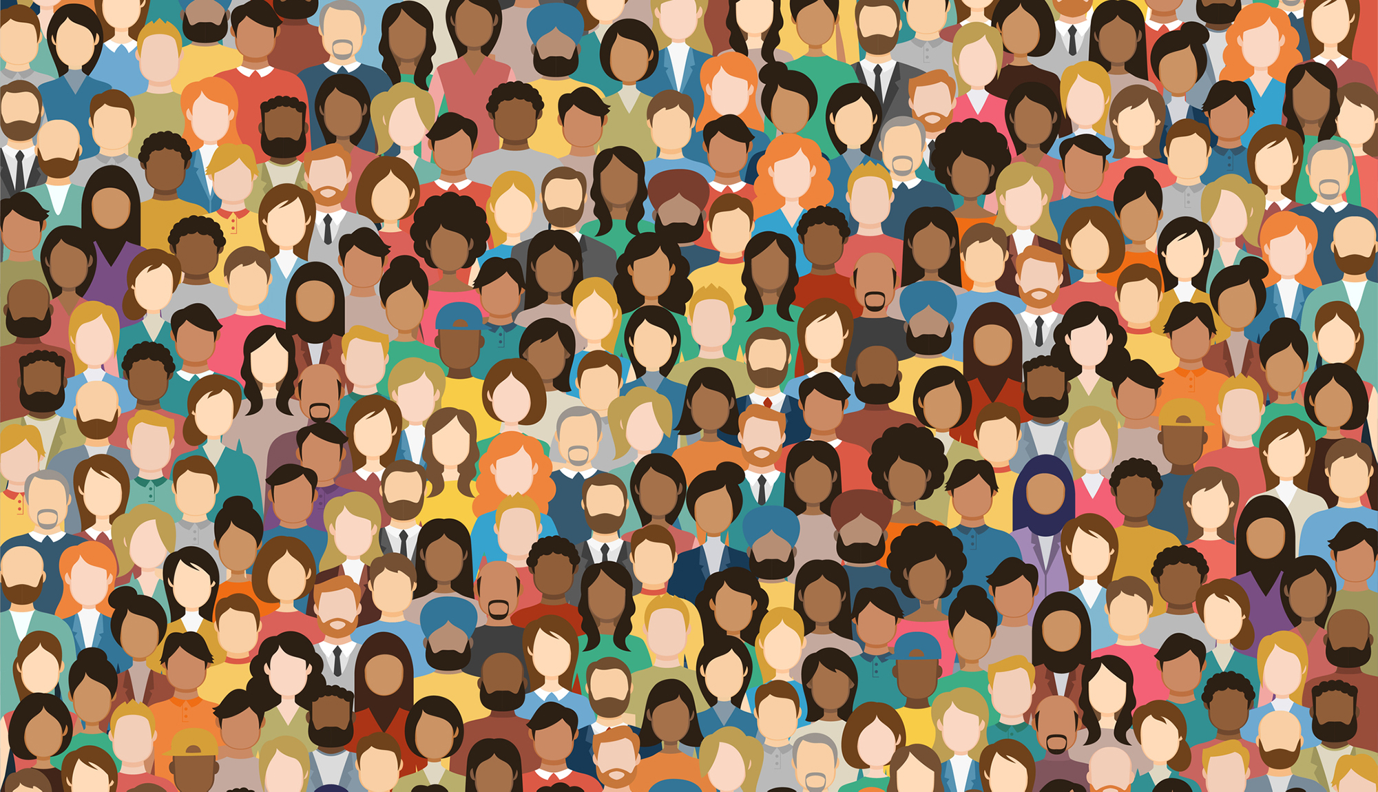 An illustration of more than 50 human faces, depicting a variety of genders, races and religions