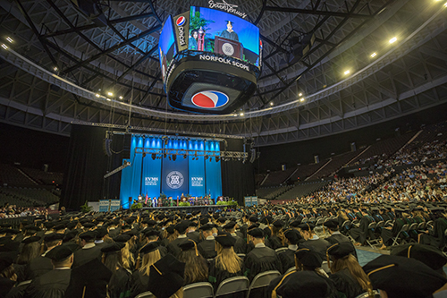 A wide angle view of the inside of the Scope Arena during commencement