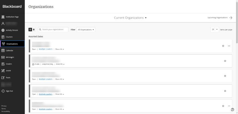 Screenshot of organizations view in Blackboard Ultra