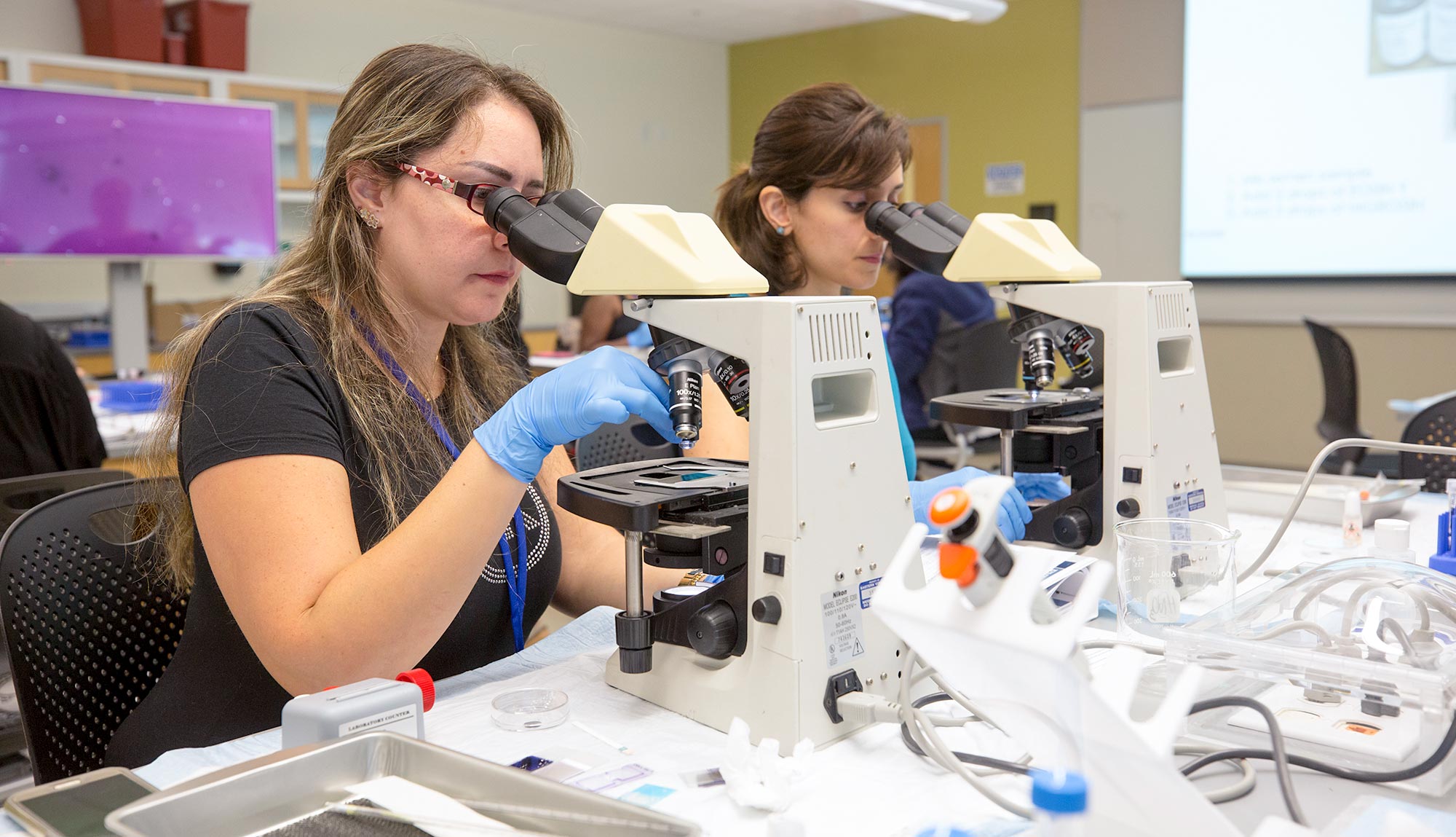 Students look through microscopes in a laboratory setting.