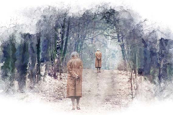 Illustration - Scene of the back of a woman walking on a winter path, with a faded image of the same woman in the foreground
