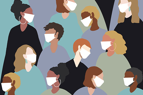 An Illustration of profiles of many people of many races wearing masks