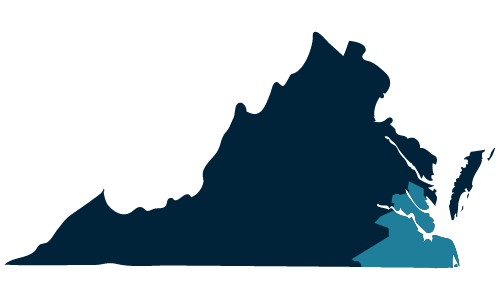 The state of Virginia with the Hampton Roads region in the southeast colored blue