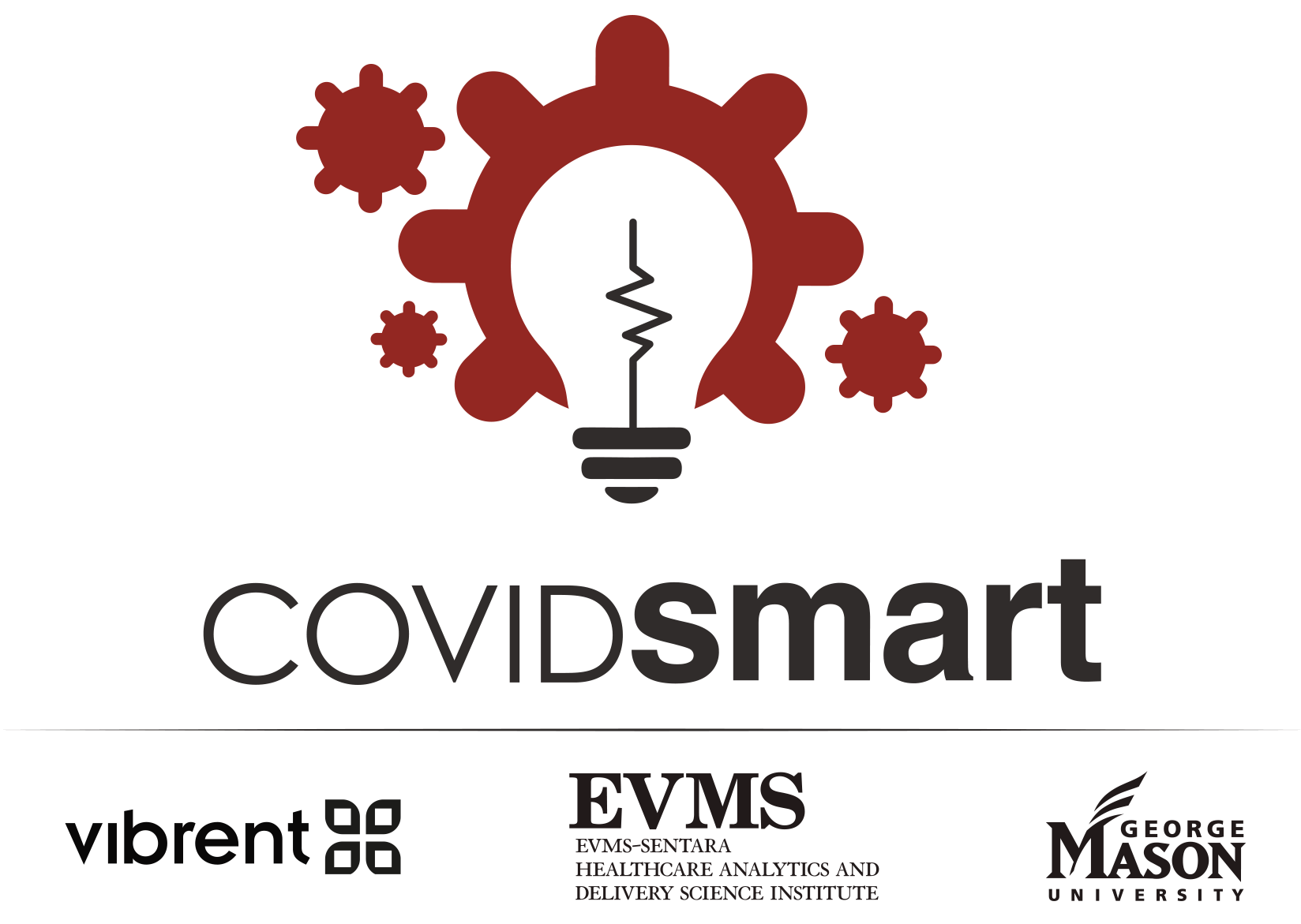 COVID Smart logo, red gears and lightbulb.
