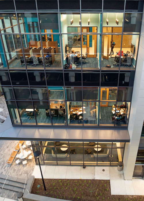 The three-story education podium includes lots of dedicated study space, including carrels and small-group rooms bathed in natural light.
