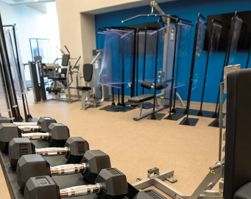 The student wellness center in Waitzer Hall. The center was designed to improve mind and body. The facility is temporarily closed until the campus lifts COVID-19 social distancing restrictions.