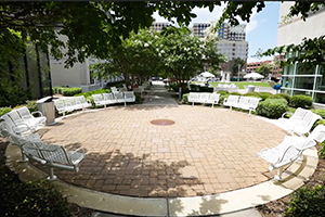 Green space and tables by TowneBank Lawn