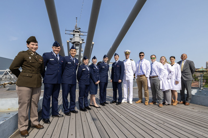 military students standing on USS Wisconsin