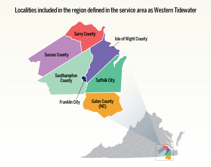 Map of Virginia with highlighting localities in Western Tidewater. Full description provided in the link below.