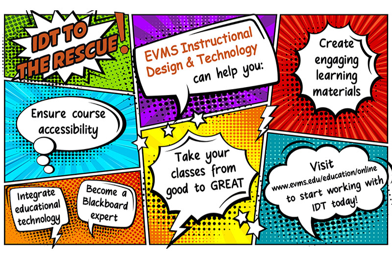 Cartoon conversation bubbles with services listed that EVMS Instructional Design and Technologies team offer