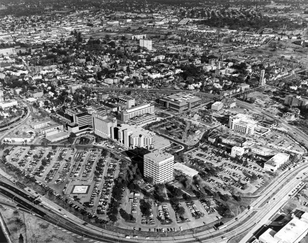 A black and white historical aerial photo of EVMS campus.