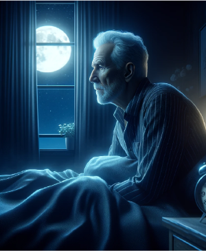 Graphic of older man sitting up in bed, full moon outside his window