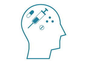 line drawing of profile head with drugs and medications