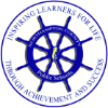 Round blue and white logo featuring a ship's wheel.