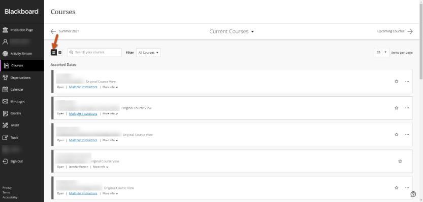Screenshot of Blackboard Ultra Courses viewed in list formation