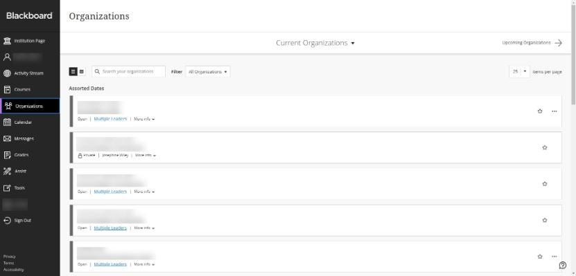 Screenshot of organizations view in Blackboard Ultra
