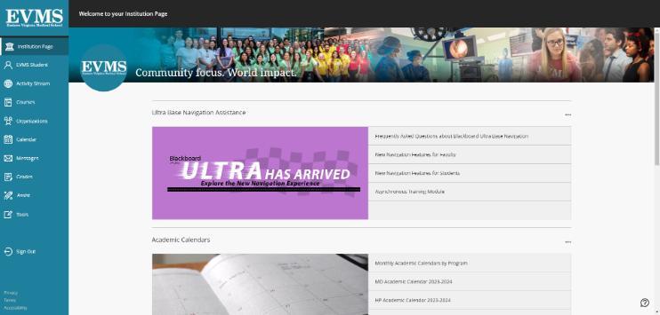 EVMS Blackboard Ultra Institution Page Screenshot