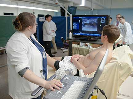 Fellows practice ultrasound techniques together.