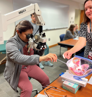 Resident looking through a microscope