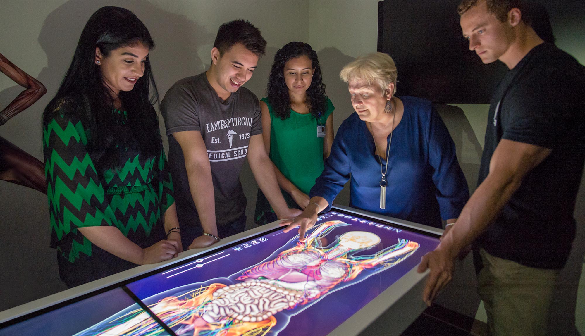 Students inspect an interactive anatomage table.