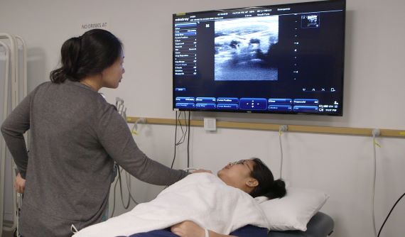 Doctor performing ultrasound looking at monitor