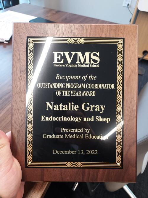 An award recognizing the Program Coordinator of the Year Award winner, Natalie Gray, for 2022.