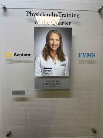 A photo of the award from the SNGH Clinical Excellence Award Program, featuring a photo of Dr. Kelly Hill, EVMS Endocrinology and Metabolic Disorders fellow.