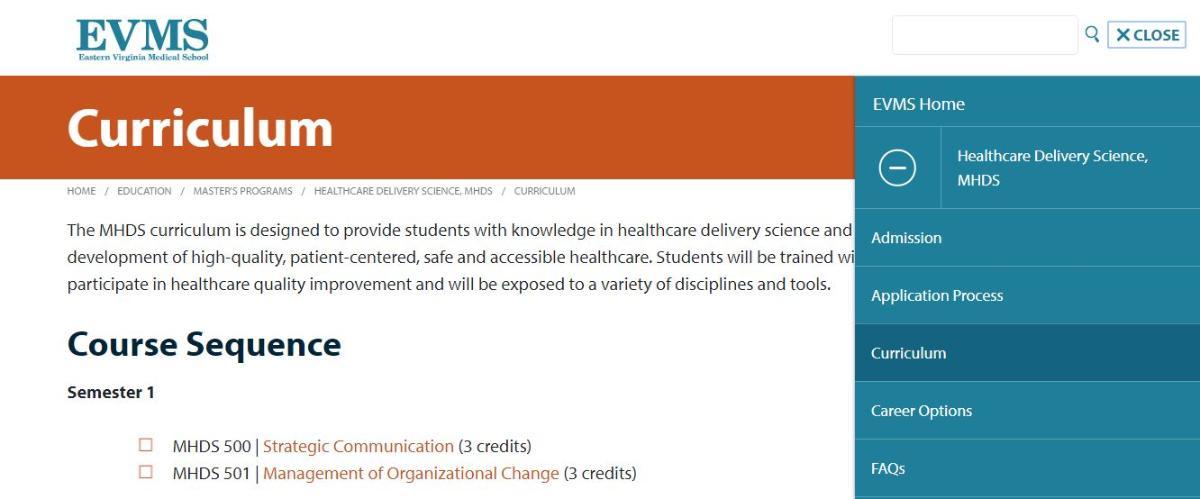 A look at the Healthcare Delivery Science program's curriculum page, highlighting the section name (curriculum) in the page title, breadcrumbs and the menu.