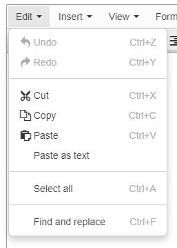 The Edit menu in the text editor menu includes options to Undo, Redo, Cut, Copy, Paste, Paste as text, Select all and Find and replace.