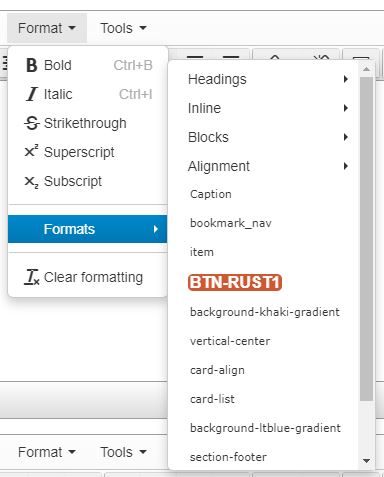 The Format menu of the text editor has 6 actions (Bold, Italic, Strikethrough, Superscript, Subscript and Clear formatting) and one submenu (Formats), which includes submenus: Headings, Inline, Blocks, Alignment and options for additional formats.
