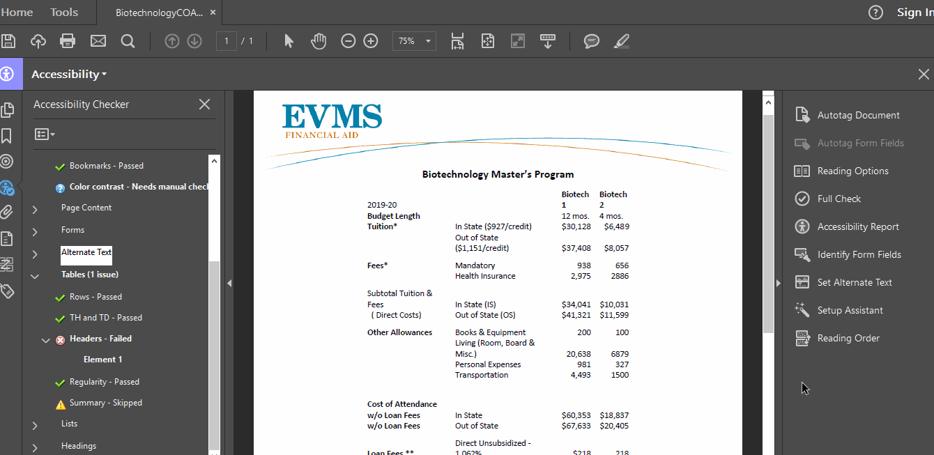 A user adds header cells to a table within a PDF using Adobe Acrobat Pro's Reading Order tool.