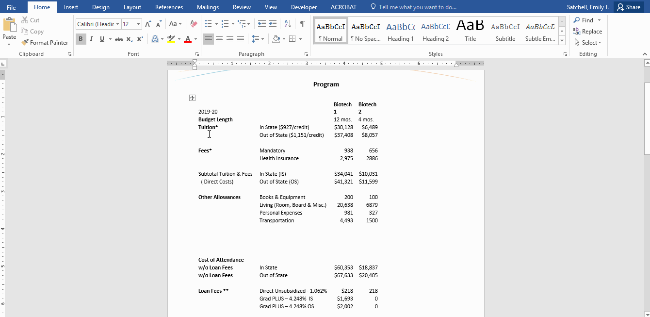 A user centers a table and adds a title to a Word document.