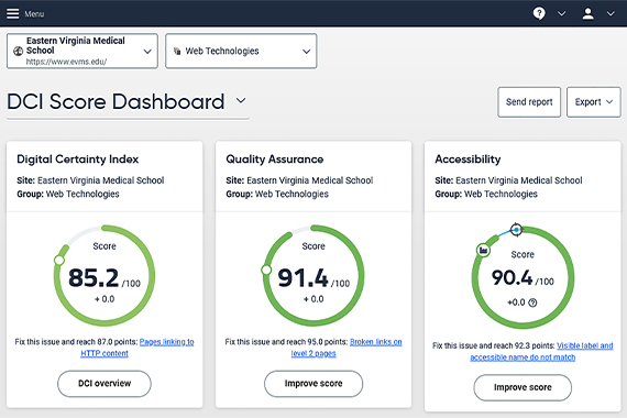 Screenshot showing different scores in the Siteimprove interface