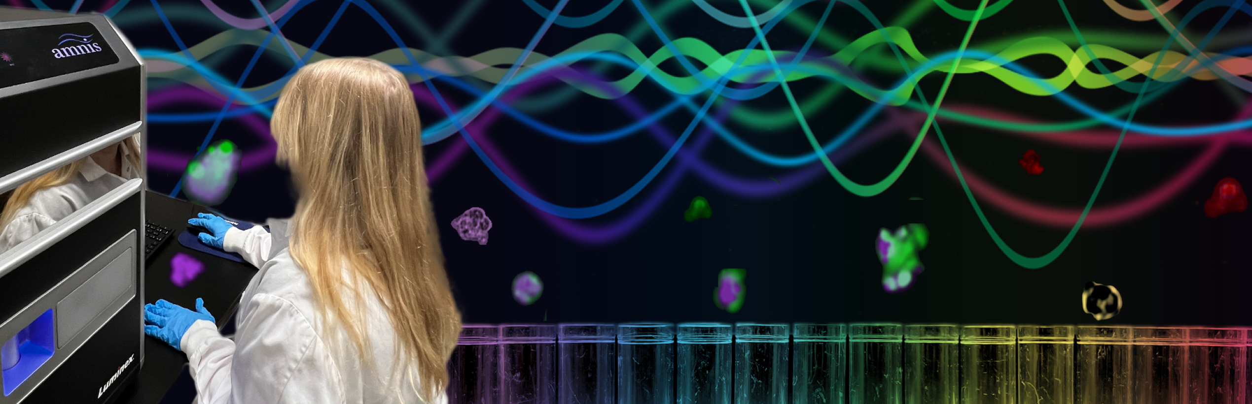 A female student in a lab with a colorful wavy background