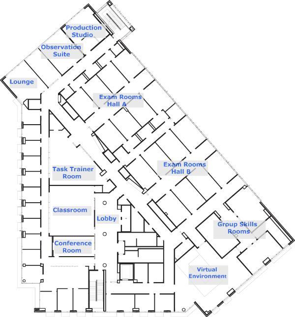 The floor layout shows the facilities at the Sentara Center for Simulation and Immersive Learning.