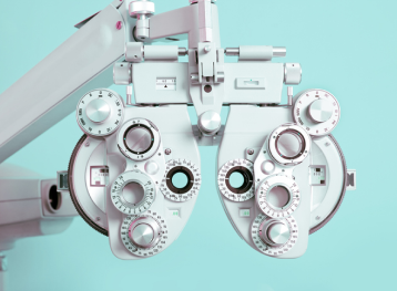 Close up of a phoroptor, an instrument used by eye care professionals during an eye examination.