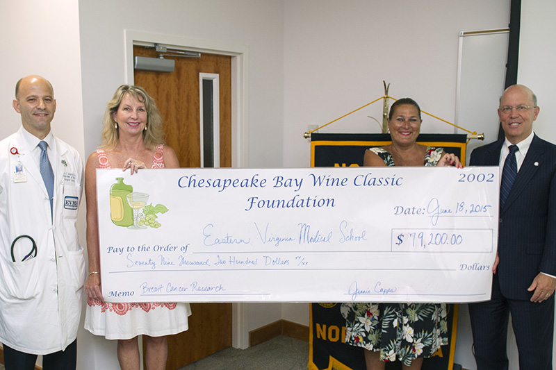 Pictured from left: Eric Feliberti, MD, Associate Professor of Surgery and Surgical Oncologist, EVMS; Jennie Capps, Executive Director, Chesapeake Bay Wine Classic Foundation; Linda Church, Chair, Wine, Women & Fishing; and Richard Homan, MD, President and Provost of EVMS and Dean of the School of Medicine. 