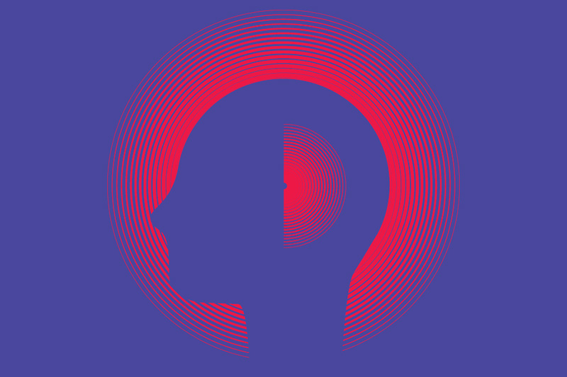 A red and purple illustration showing the profile of a human head with soundwaves around it.