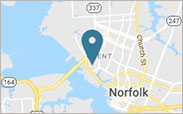A map with a blue pin indicating EVMS' main campus location in the Ghent neighborhood of Norfolk, VA.