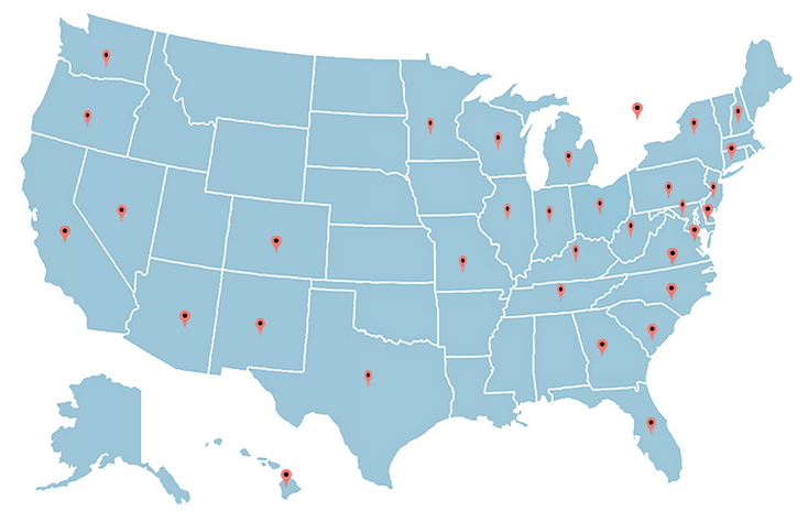 Map of locations where students matched