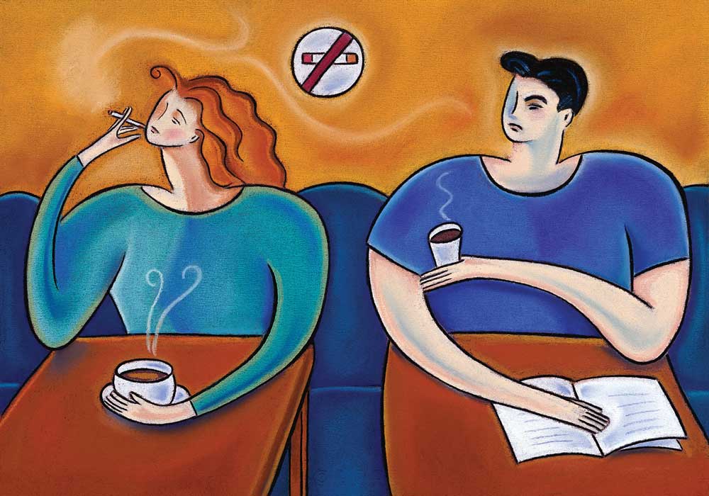 Woman smoking in next to an annoyed man.